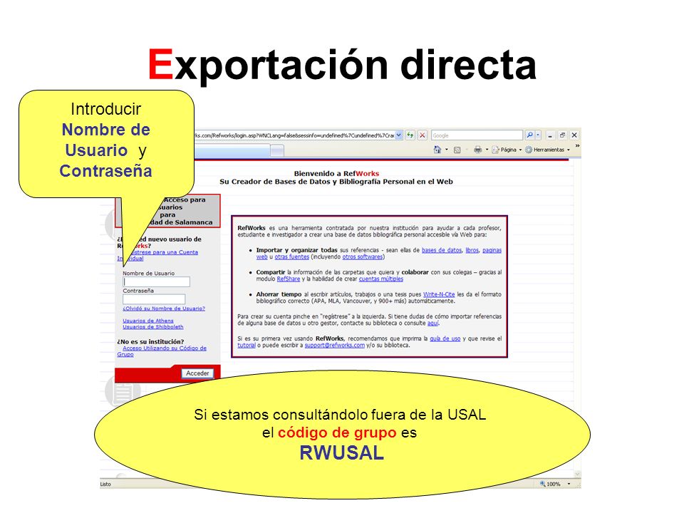 Exportación directa RWUSAL Introducir Nombre de Usuario y Contraseña