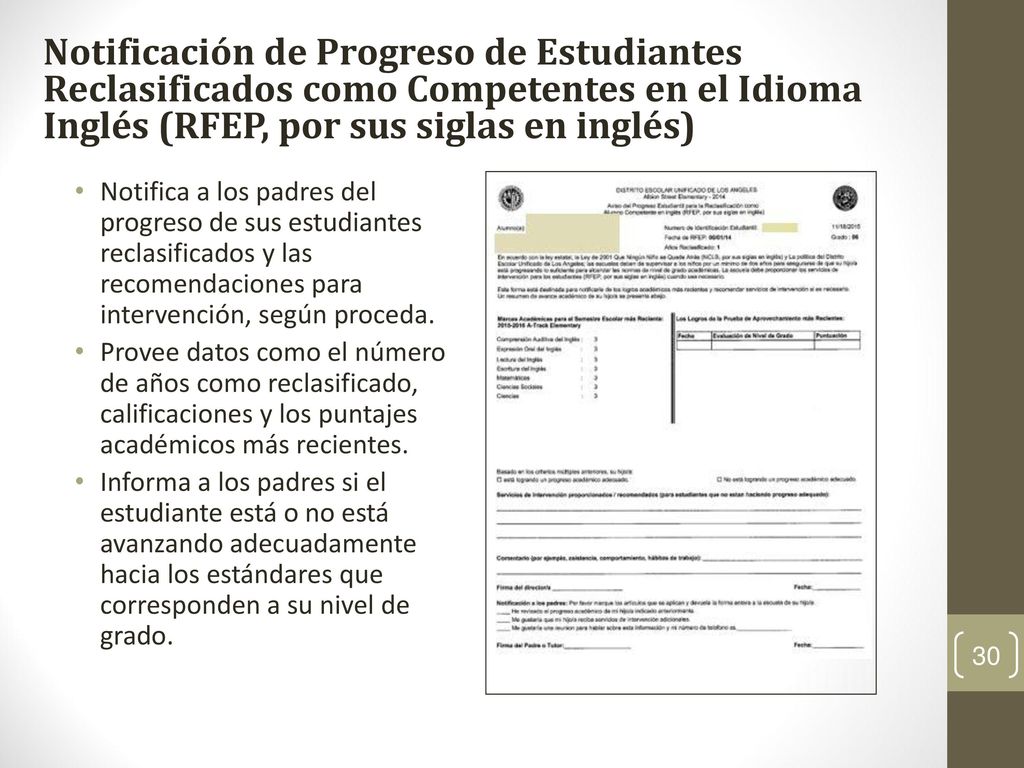 1 Notificación de Progreso de Estudiantes Reclasificados como Competentes en el Idioma Inglés (RFEP, por sus siglas en inglés)