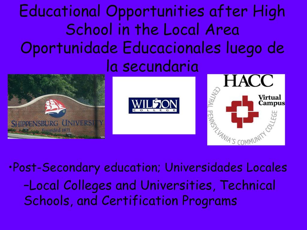 Educational Opportunities after High School in the Local Area Oportunidade Educacionales luego de la secundaria