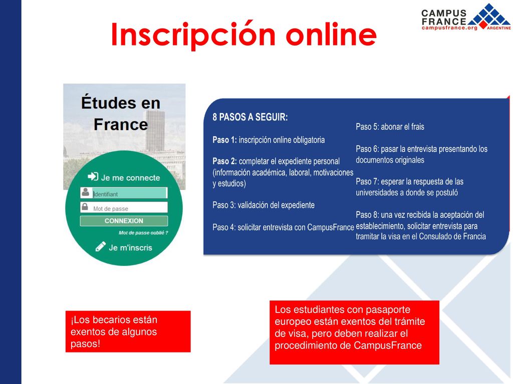 Inscripción online Los estudiantes con pasaporte europeo están exentos del trámite de visa, pero deben realizar el procedimiento de CampusFrance.