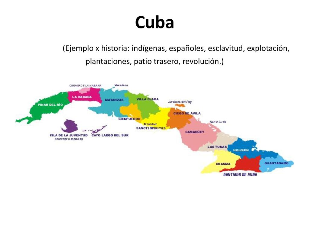 Cuba (Ejemplo x historia: indígenas, españoles, esclavitud, explotación, plantaciones, patio trasero, revolución.)