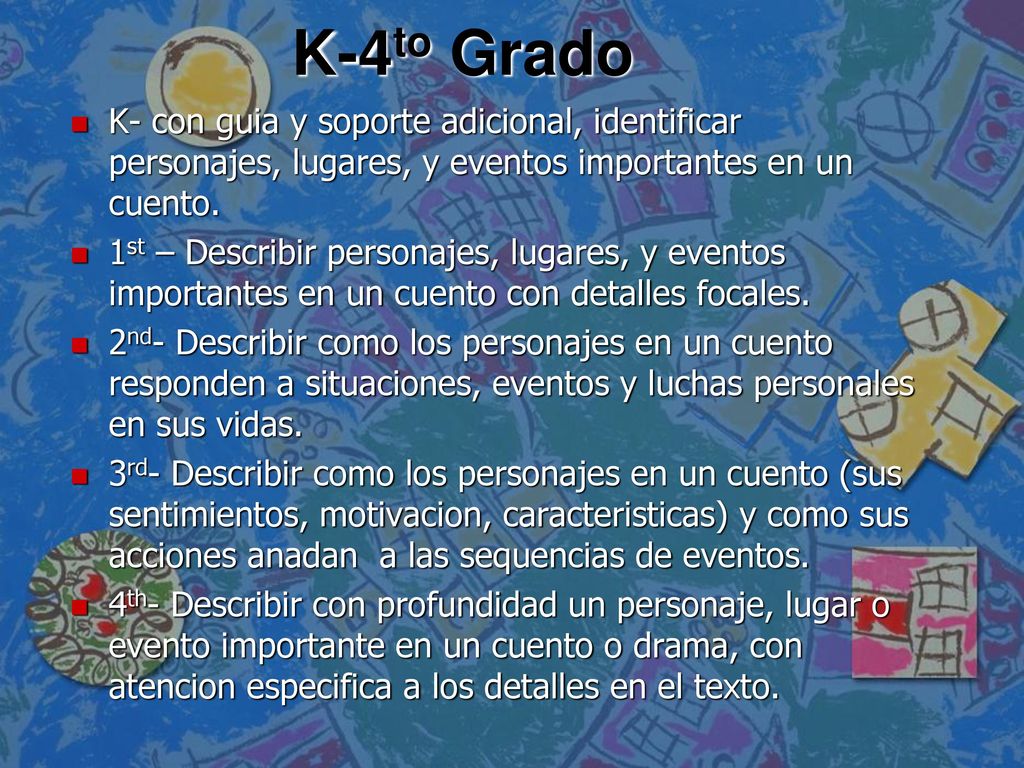 K-4to Grado K- con guia y soporte adicional, identificar personajes, lugares, y eventos importantes en un cuento.