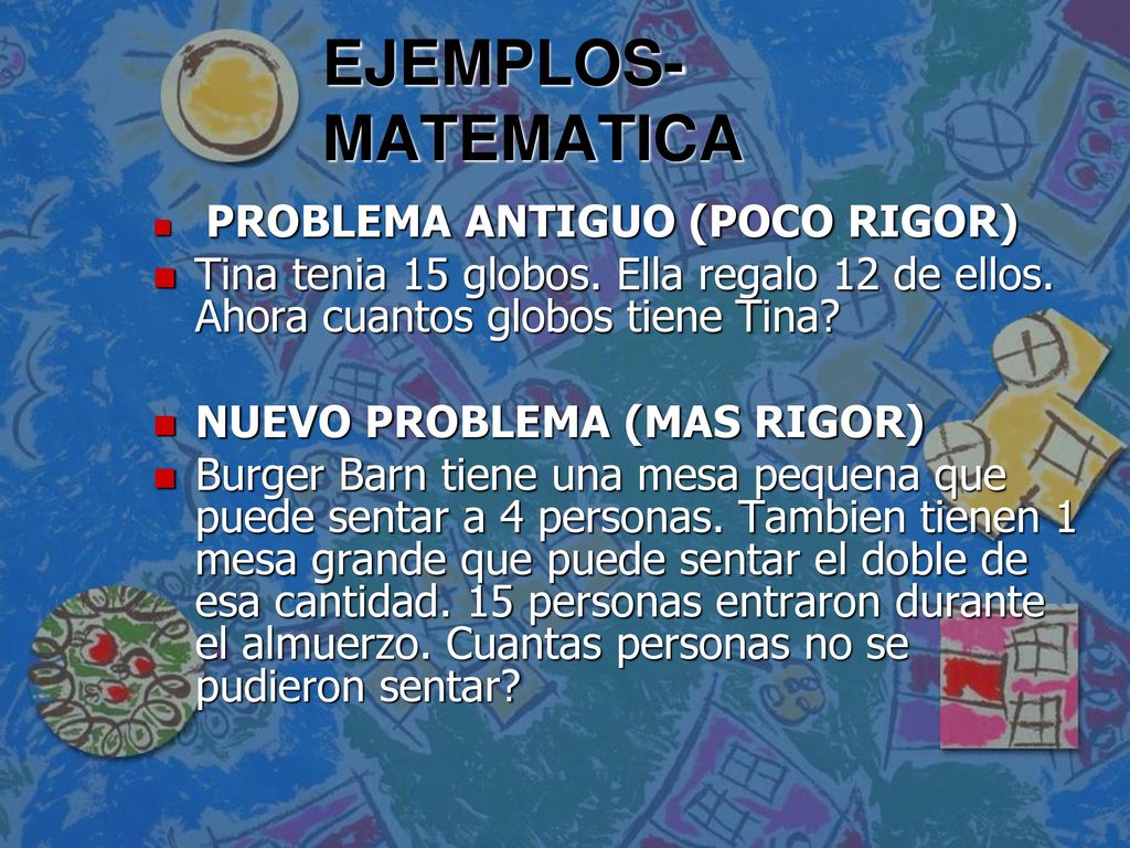 EJEMPLOS-MATEMATICA PROBLEMA ANTIGUO (POCO RIGOR) Tina tenia 15 globos. Ella regalo 12 de ellos. Ahora cuantos globos tiene Tina