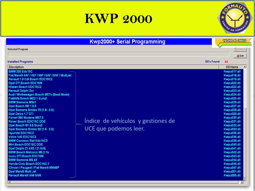 KWP 2000 Índice de vehículos y gestiones de UCE que podemos leer.