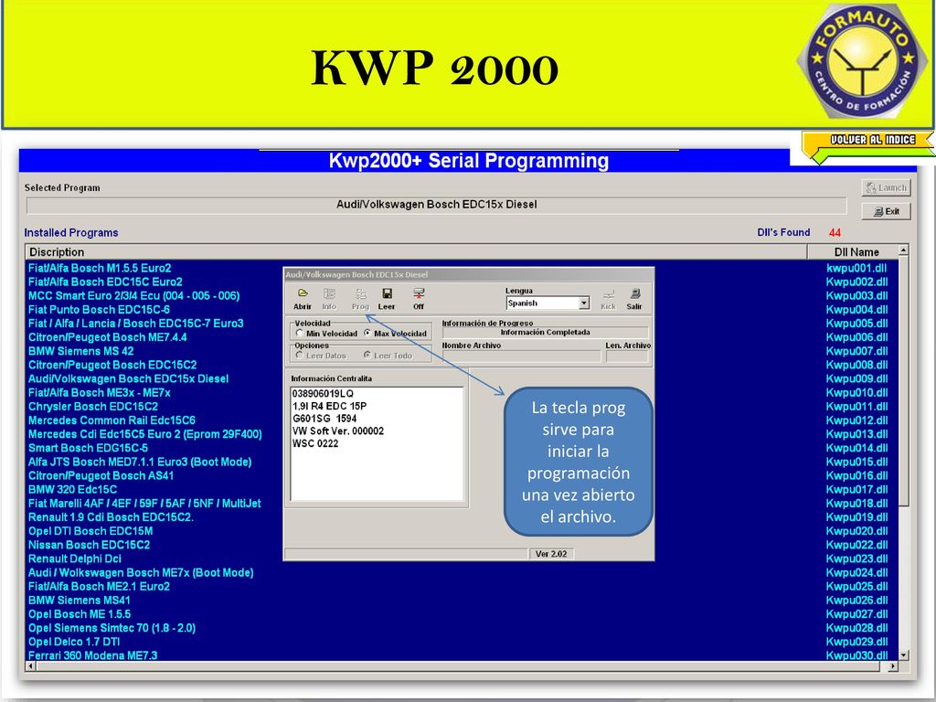KWP 2000 La tecla prog sirve para iniciar la programación una vez abierto el archivo.