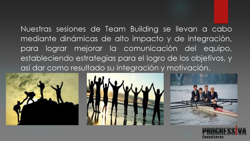 Nuestras sesiones de Team Building se llevan a cabo mediante dinámicas de alto impacto y de integración, para lograr mejorar la comunicación del equipo, estableciendo estrategias para el logro de los objetivos, y así dar como resultado su integración y motivación.