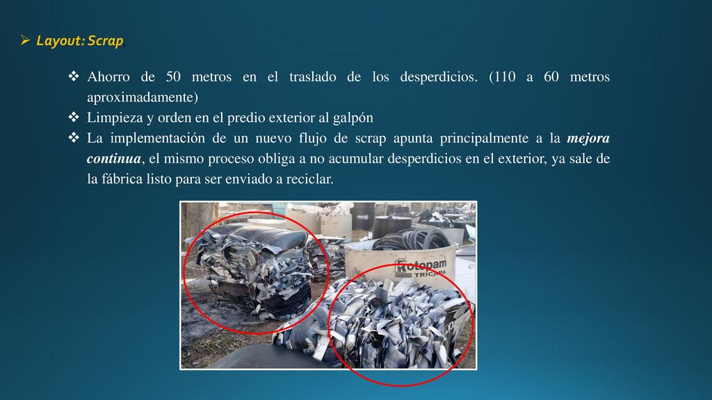 Layout: Scrap. Ahorro de 50 metros en el traslado de los desperdicios. (110 a 60 metros aproximadamente)