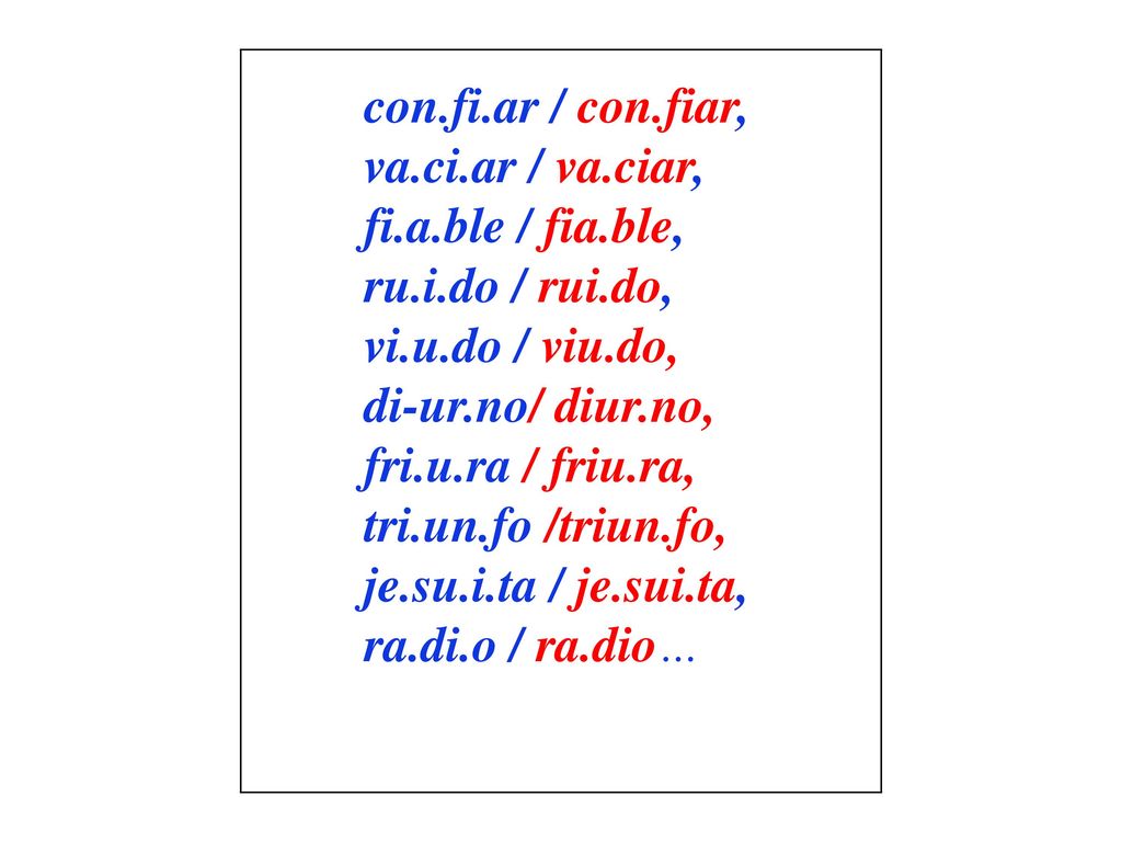 con.fi.ar / con.fiar, va.ci.ar / va.ciar, fi.a.ble / fia.ble, ru.i.do / rui.do, vi.u.do / viu.do,