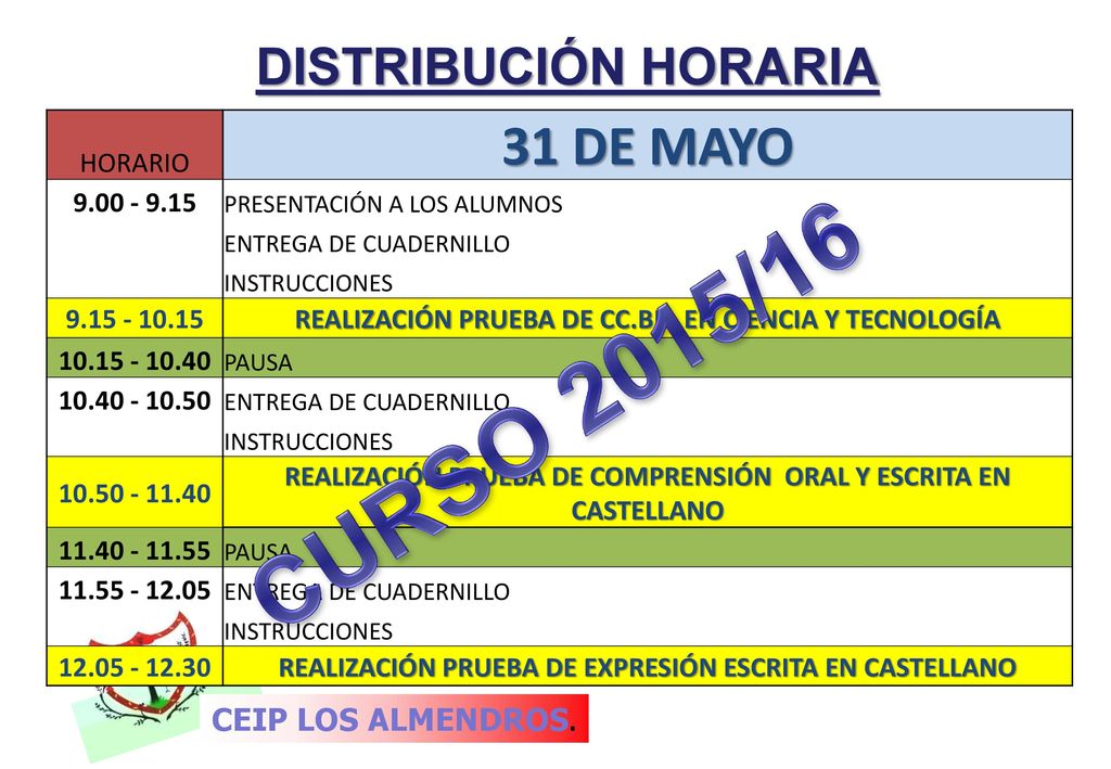 CURSO 2015/16 31 DE MAYO DISTRIBUCIÓN HORARIA CEIP LOS ALMENDROS.