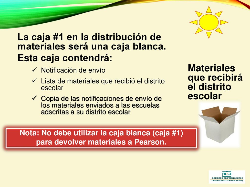 La caja #1 en la distribución de materiales será una caja blanca.