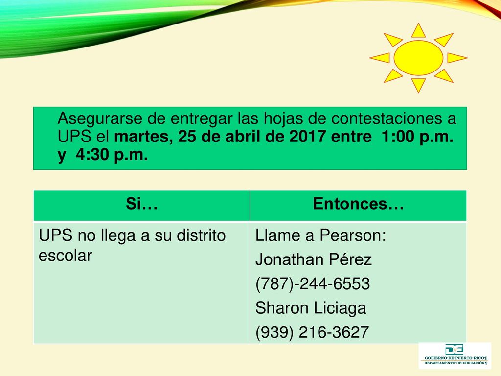 Asegurarse de entregar las hojas de contestaciones a UPS el martes, 25 de abril de 2017 entre 1:00 p.m. y 4:30 p.m.
