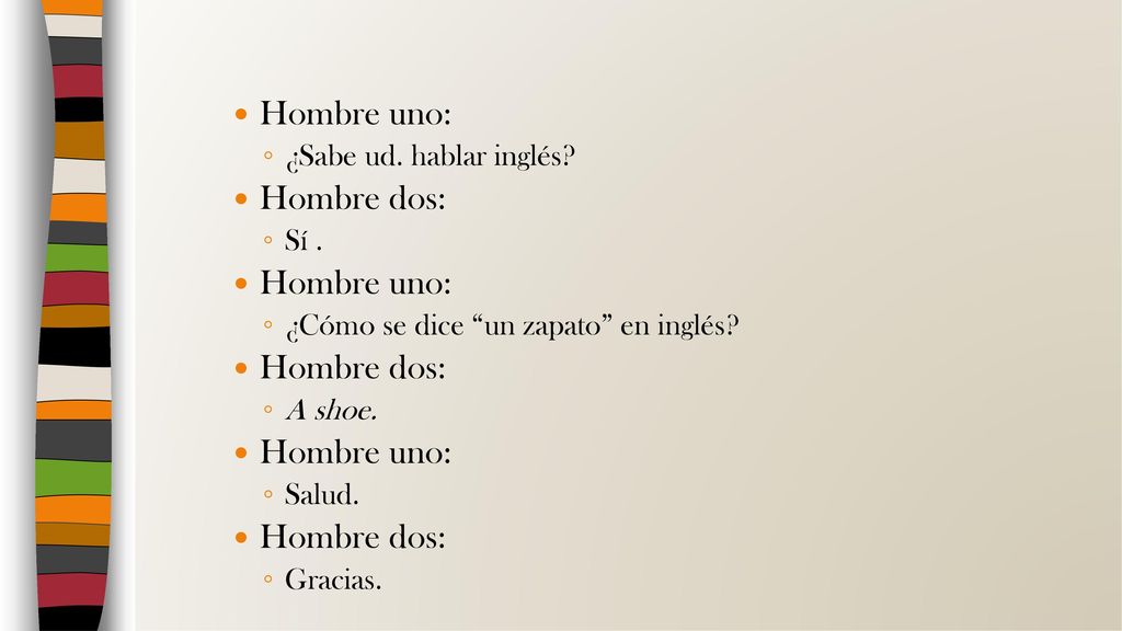Hombre uno: Hombre dos: ¿Sabe ud. hablar inglés Sí .