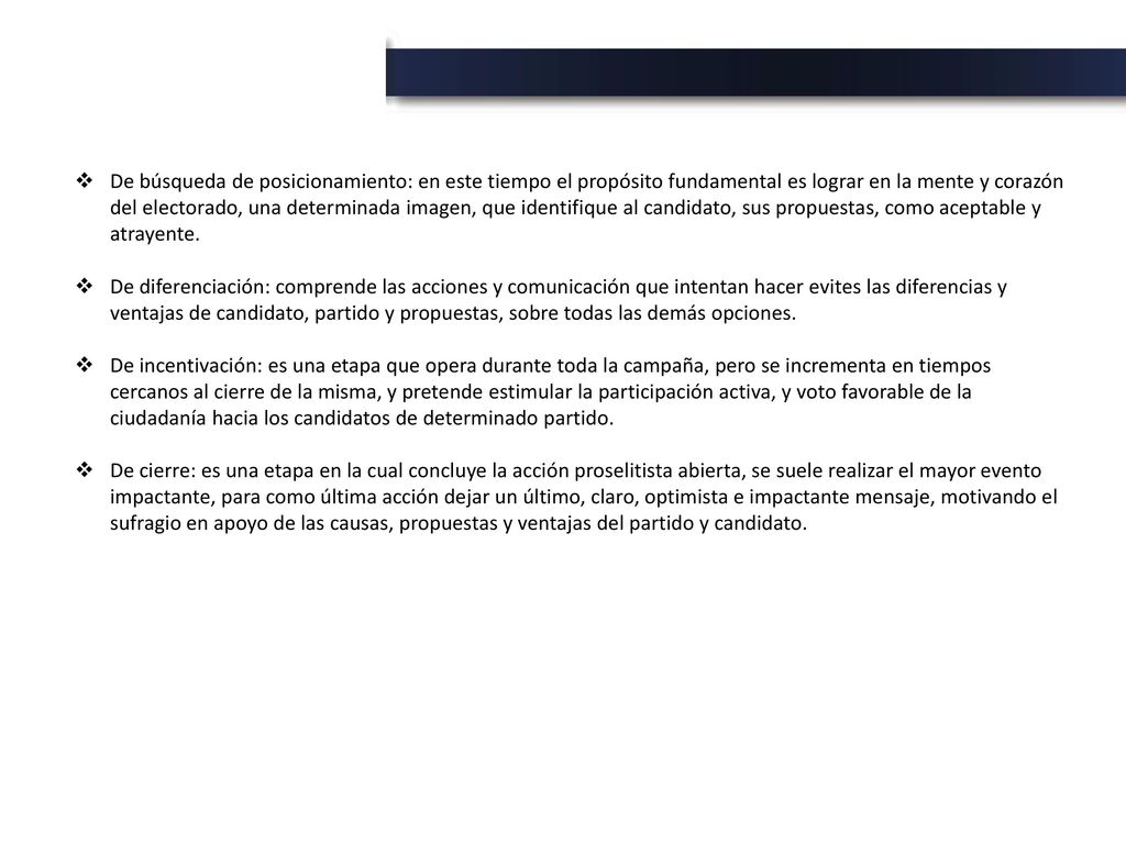 De búsqueda de posicionamiento: en este tiempo el propósito fundamental es lograr en la mente y corazón del electorado, una determinada imagen, que identifique al candidato, sus propuestas, como aceptable y atrayente.