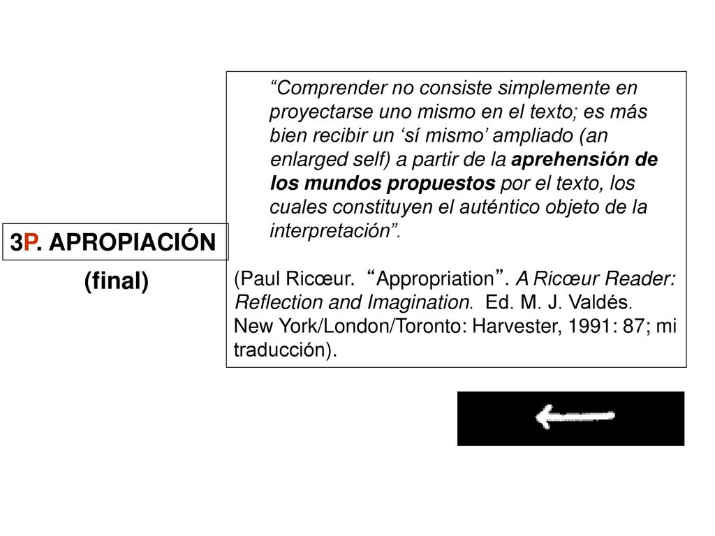 Comprender no consiste simplemente en proyectarse uno mismo en el texto; es más bien recibir un ‘sí mismo’ ampliado (an enlarged self) a partir de la aprehensión de los mundos propuestos por el texto, los cuales constituyen el auténtico objeto de la interpretación .