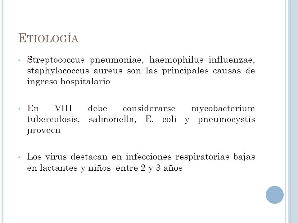 Etiología Streptococcus pneumoniae, haemophilus influenzae, staphylococcus aureus son las principales causas de ingreso hospitalario.