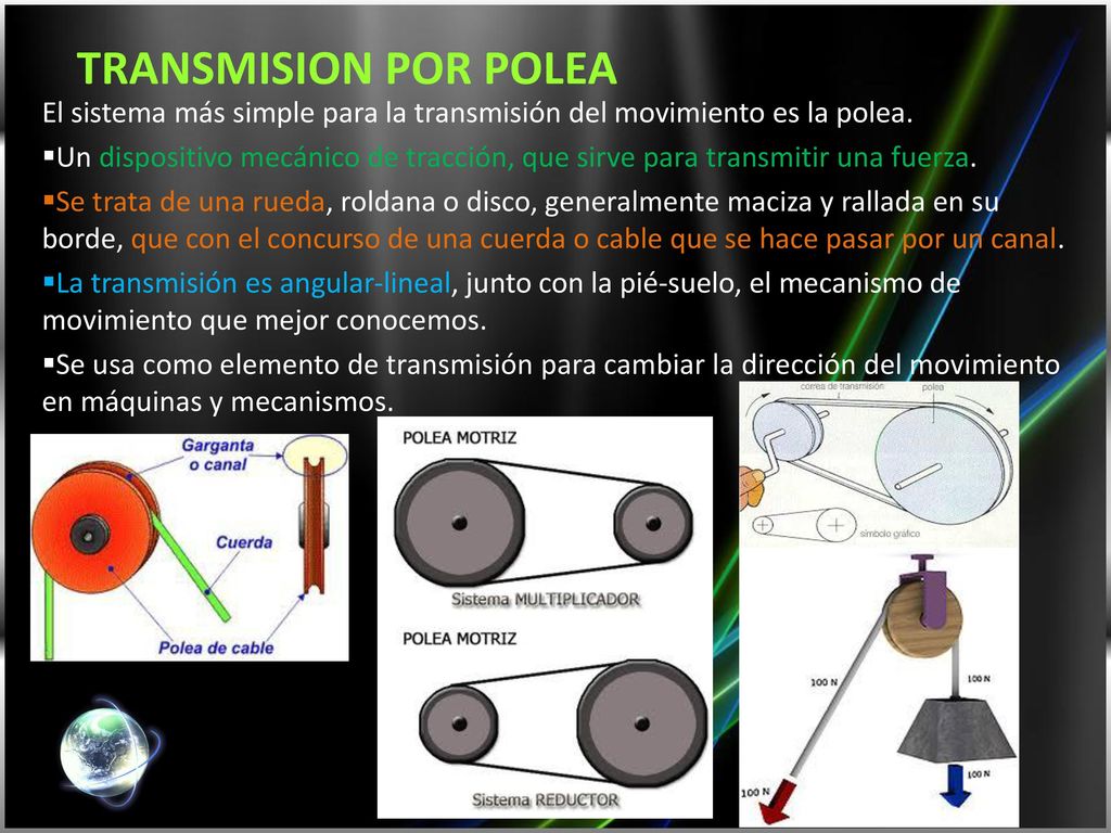 TRANSMISION POR POLEA El sistema más simple para la transmisión del movimiento es la polea.