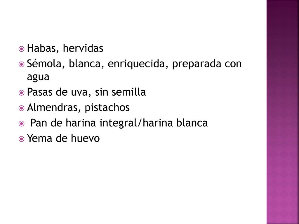 Habas, hervidas Sémola, blanca, enriquecida, preparada con agua. Pasas de uva, sin semilla. Almendras, pistachos.