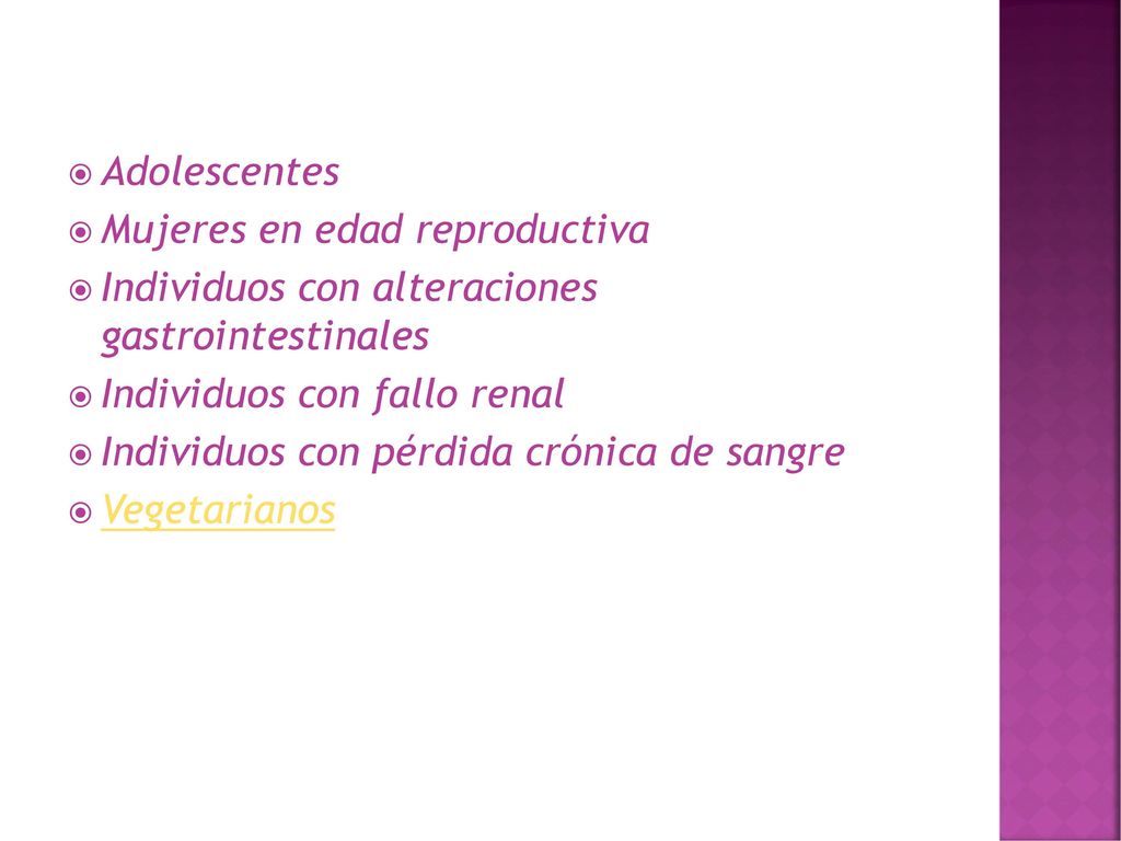 Adolescentes Mujeres en edad reproductiva. Individuos con alteraciones gastrointestinales. Individuos con fallo renal.