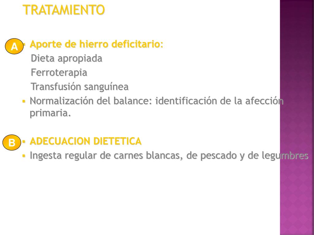 TRATAMIENTO A B Aporte de hierro deficitario: Dieta apropiada
