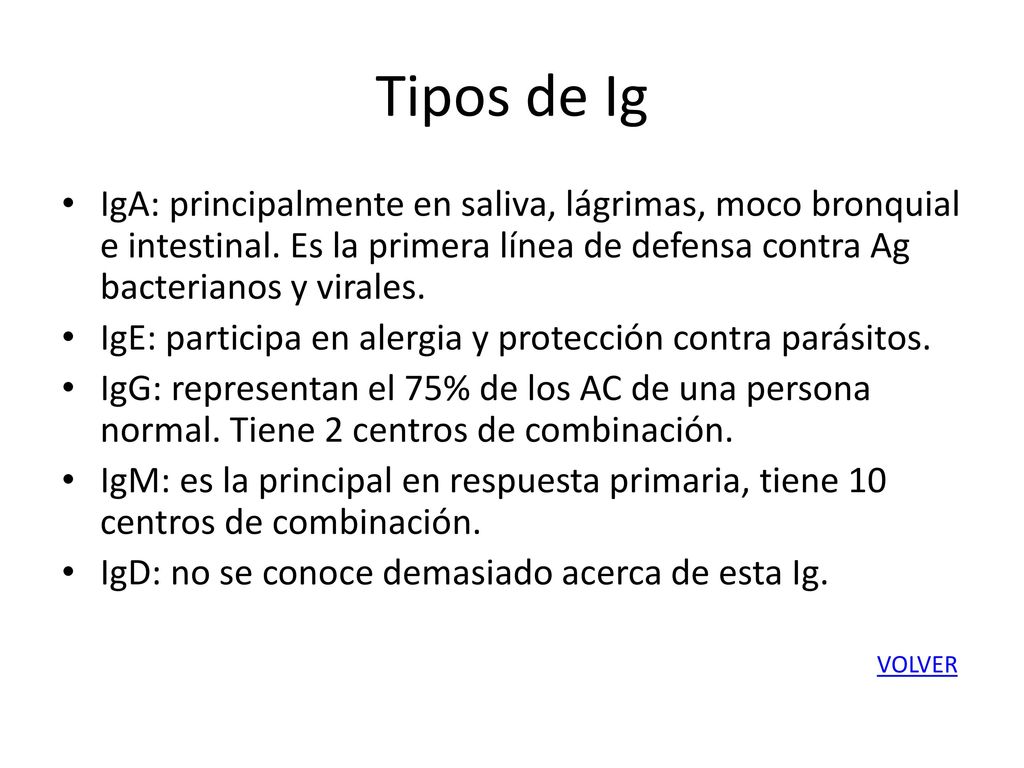 Tipos de Ig IgA: principalmente en saliva, lágrimas, moco bronquial e intestinal. Es la primera línea de defensa contra Ag bacterianos y virales.