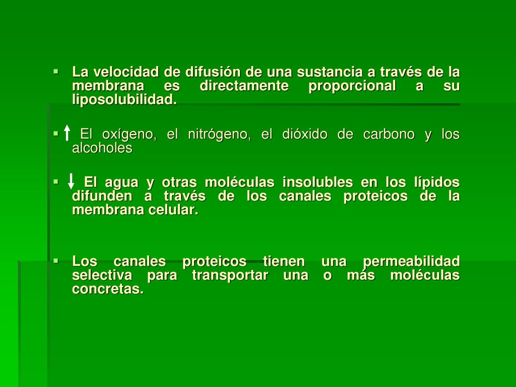 La velocidad de difusión de una sustancia a través de la membrana es directamente proporcional a su liposolubilidad.