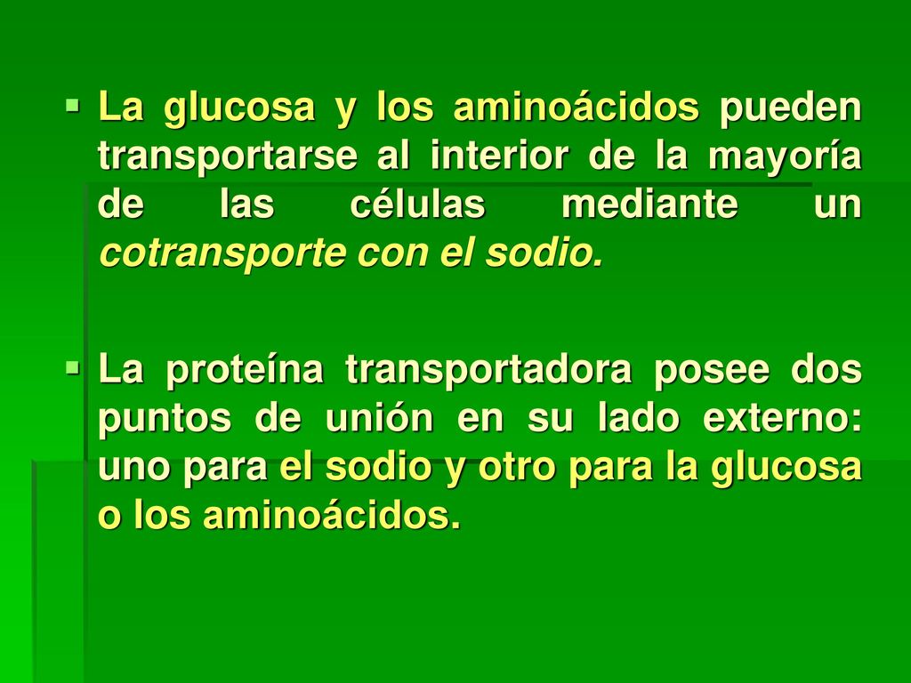 La glucosa y los aminoácidos pueden transportarse al interior de la mayoría de las células mediante un cotransporte con el sodio.