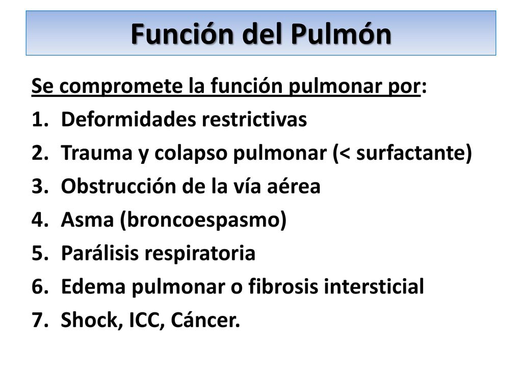 Función del Pulmón Se compromete la función pulmonar por: