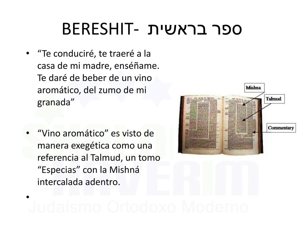 BERESHIT- ספר בראשית Te conduciré, te traeré a la casa de mi madre, enséñame. Te daré de beber de un vino aromático, del zumo de mi granada