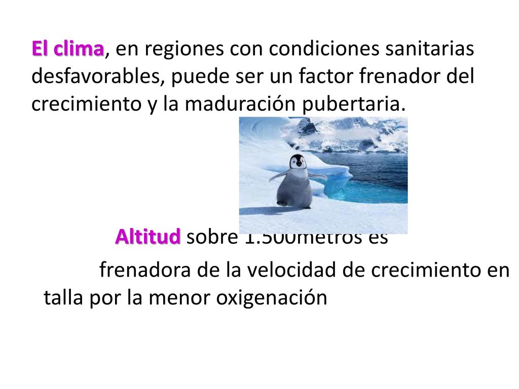 El clima, en regiones con condiciones sanitarias desfavorables, puede ser un factor frenador del crecimiento y la maduración pubertaria.