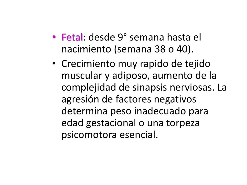 Fetal: desde 9° semana hasta el nacimiento (semana 38 o 40).