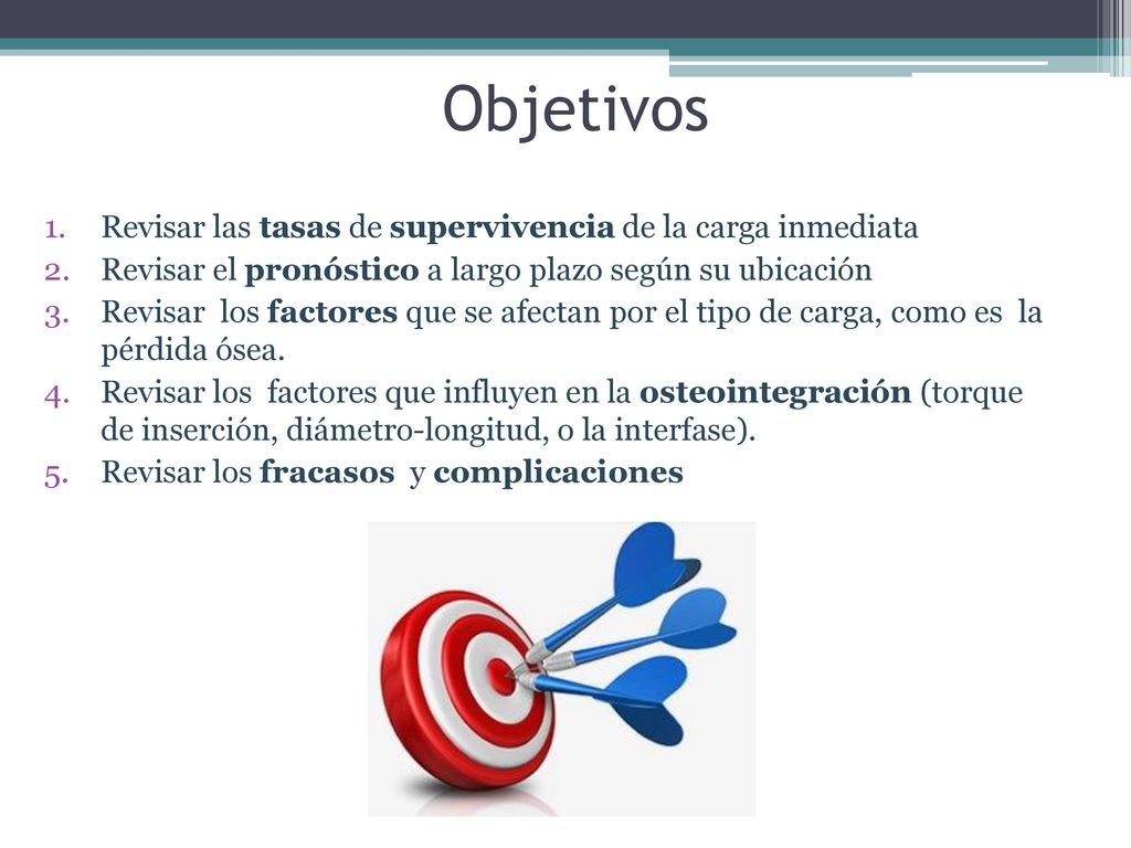 Objetivos Revisar las tasas de supervivencia de la carga inmediata