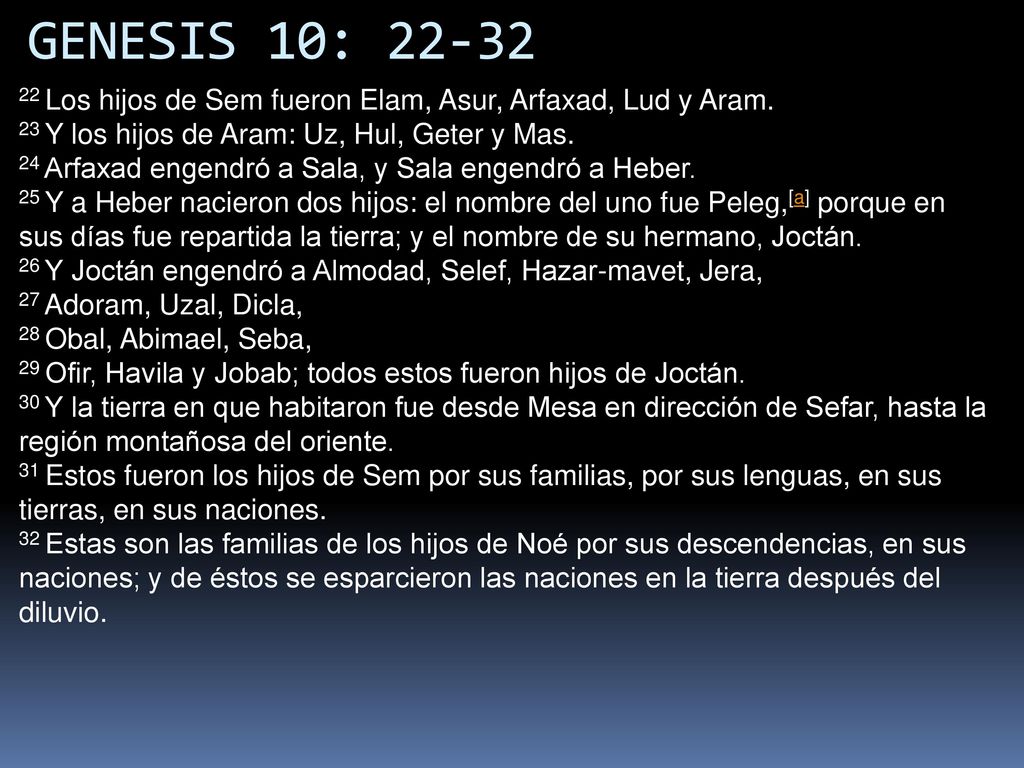 GENESIS 10: Los hijos de Sem fueron Elam, Asur, Arfaxad, Lud y Aram. 23 Y los hijos de Aram: Uz, Hul, Geter y Mas.
