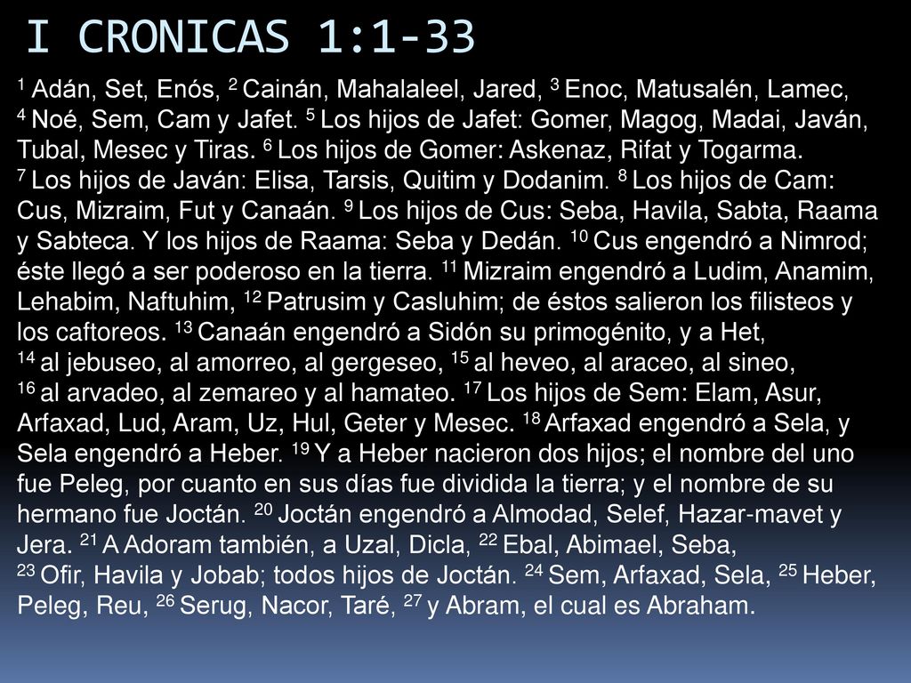 I CRONICAS 1: Adán, Set, Enós, 2 Cainán, Mahalaleel, Jared, 3 Enoc, Matusalén, Lamec,