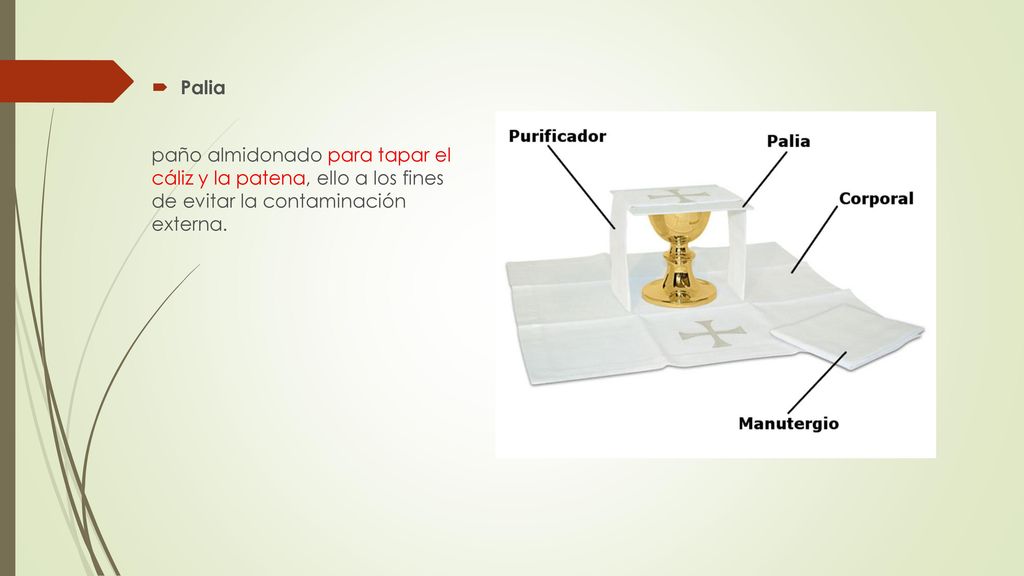 Palia paño almidonado para tapar el cáliz y la patena, ello a los fines de evitar la contaminación externa.