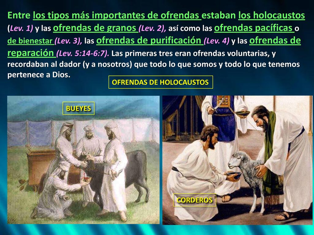 Entre los tipos más importantes de ofrendas estaban los holocaustos (Lev. 1) y las ofrendas de granos (Lev. 2), así como las ofrendas pacíficas o de bienestar (Lev. 3), las ofrendas de purificación (Lev. 4) y las ofrendas de reparación (Lev. 5:14-6:7). Las primeras tres eran ofrendas voluntarias, y recordaban al dador (y a nosotros) que todo lo que somos y todo lo que tenemos pertenece a Dios.
