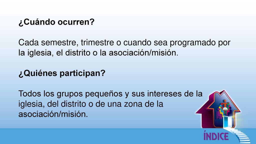 ¿Cuándo ocurren Cada semestre, trimestre o cuando sea programado por la iglesia, el distrito o la asociación/misión.