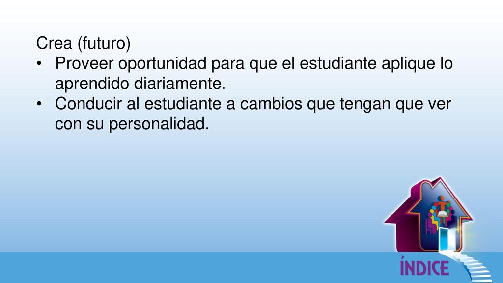 Crea (futuro) Proveer oportunidad para que el estudiante aplique lo aprendido diariamente.