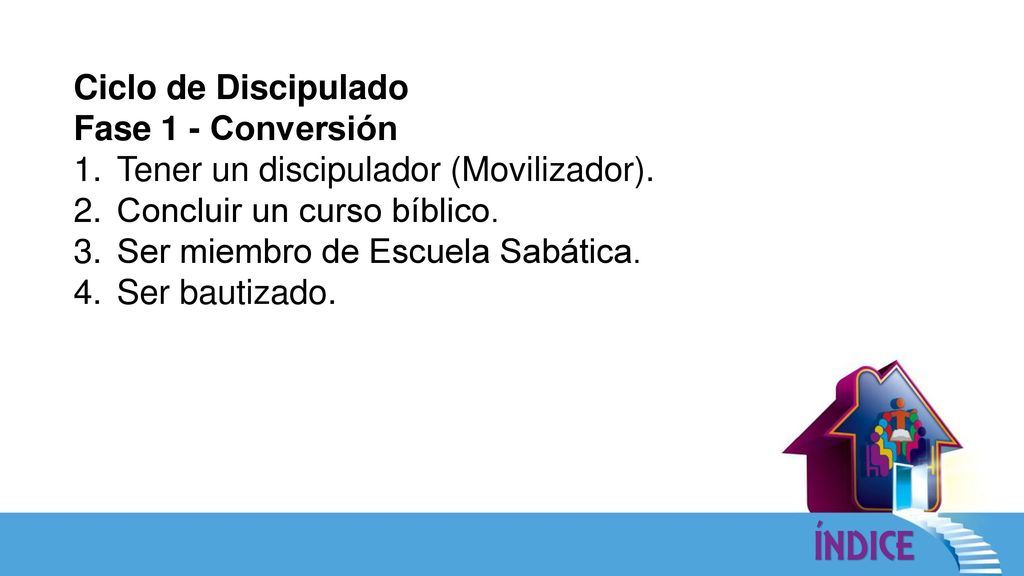 Ciclo de Discipulado Fase 1 - Conversión. Tener un discipulador (Movilizador). Concluir un curso bíblico.