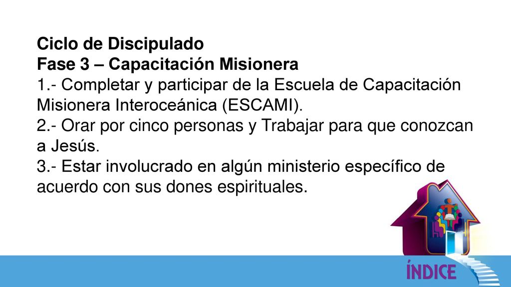 Ciclo de Discipulado Fase 3 – Capacitación Misionera. 1.- Completar y participar de la Escuela de Capacitación Misionera Interoceánica (ESCAMI).