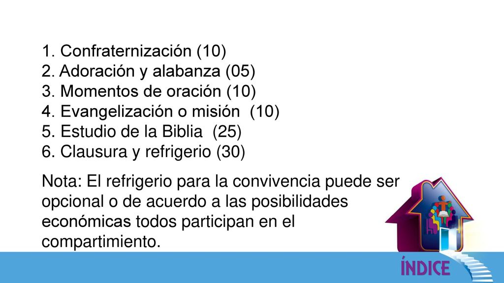 1. Confraternización (10) 2. Adoración y alabanza (05) 3. Momentos de oración (10) 4. Evangelización o misión (10)