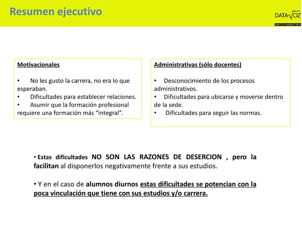 Resumen ejecutivo Motivacionales. No les gusto la carrera, no era lo que esperaban. Dificultades para establecer relaciones.