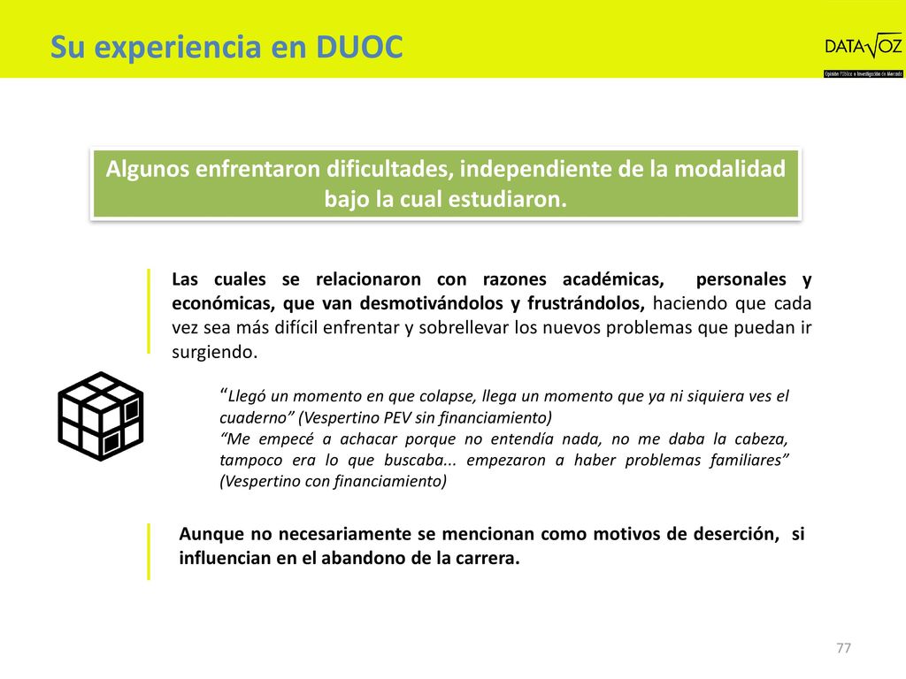 Su experiencia en DUOC Algunos enfrentaron dificultades, independiente de la modalidad bajo la cual estudiaron.