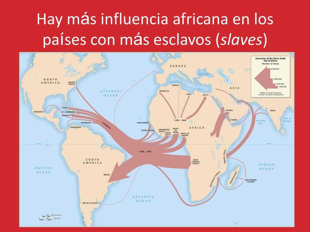Hay más influencia africana en los países con más esclavos (slaves)