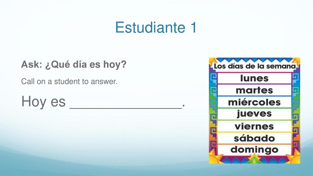 Estudiante 1 Hoy es ______________. Ask: ¿Qué día es hoy