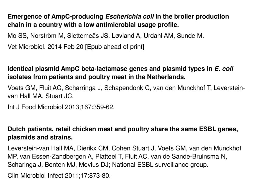 Emergence of AmpC-producing Escherichia coli in the broiler production chain in a country with a low antimicrobial usage profile.