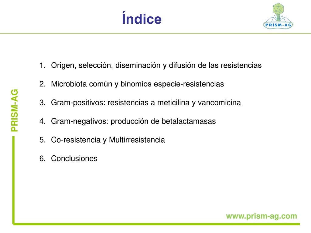 Índice Origen, selección, diseminación y difusión de las resistencias. Microbiota común y binomios especie-resistencias.