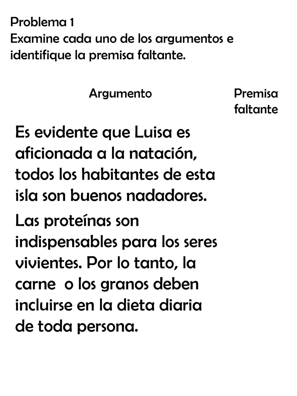 Problema 1 Examine cada uno de los argumentos e identifique la premisa faltante. Argumento. Premisa faltante.