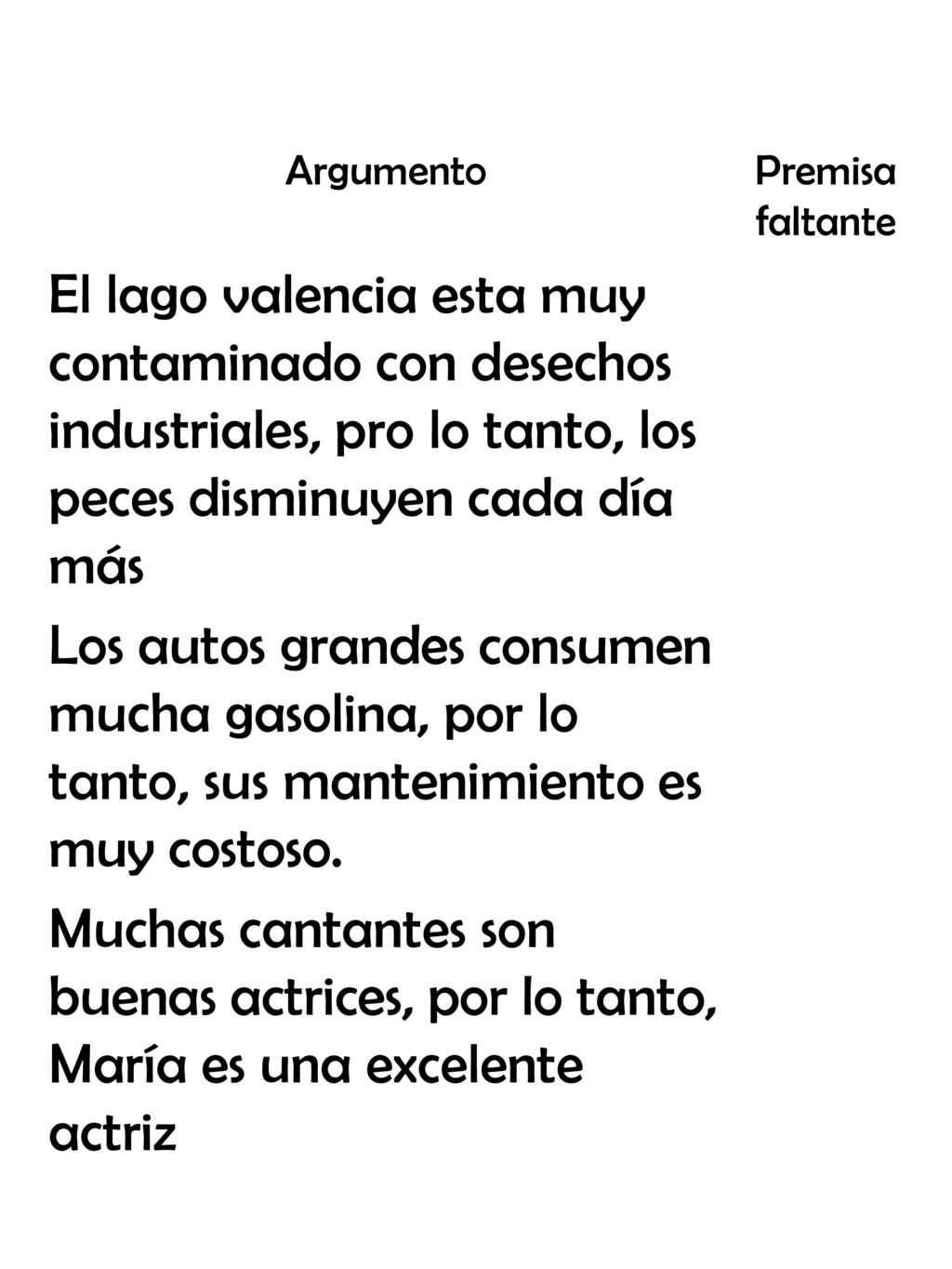 Argumento Premisa faltante. El lago valencia esta muy contaminado con desechos industriales, pro lo tanto, los peces disminuyen cada día más.