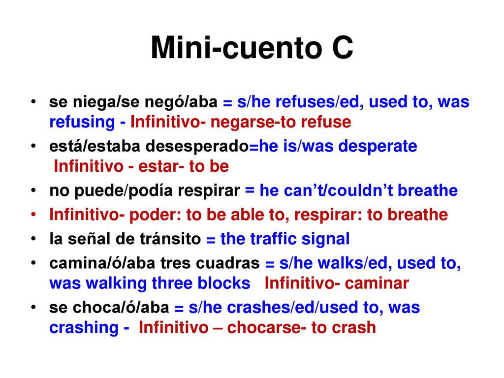 Mini-cuento C se niega/se negó/aba = s/he refuses/ed, used to, was refusing - Infinitivo- negarse-to refuse.