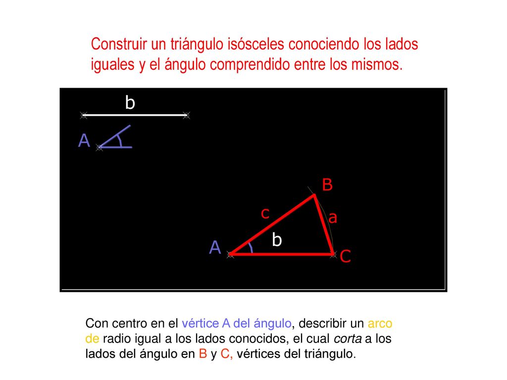 Construir un triángulo isósceles conociendo los lados iguales y el ángulo comprendido entre los mismos.